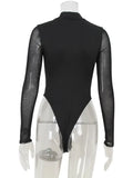 Ahagaga Sexy Mesh Women's Bodysuits See Through Skinny Turtleneck Solid Regular Long Sleeves Slim Fit Streetwear Rompers T Shirt