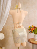 Sexy Beige 3D Flowers Embroidered Bikini Set 2026 Women Drawstring Cover Up 3 Piece Swimsuit Beach Bathing Suit Holiday Swimwear