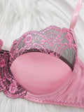 Sexy Pink Floral Lace Bra Thong Set Women Satin Trim Padded Underwire 2‑Piece Sheer Mesh Intimate Lingerie Sleepwear ZA825289
