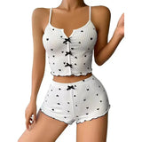 Sleepwear Women Pajamas Set Heart Print Soft Ribbed Fabric with Flirty Frill Trim Casual Top and Shorts Sets Loungewear New