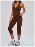 2PCS Workout Set Women Yoga Sets V Neck Cross Slim Sports Tank Top Athletic Wear Outdoor Tight High Waist Leggings Fitness Suits
