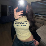 Woman Clothing Letter Print Short T-shirts Y2K Streetwear 2026 Summer O-neck Slim Fit Crop Tops Vacation Beach Tees Light Yellow