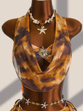 New Coffee Tie Dye Gradient Bikini Set 2026 Swimwear Women Metal Flower Push Up Cover Up Drawstring Side Skirt 4 Piece Swimsuit