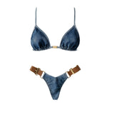 3Pcs Denim Printed Bikini 2026 Women Sexy Swimsuit Leather Strap Swimwear Bandeau Biquini Female Push Up Bathing Suit Beachwear