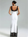 Ahagaga Lace Women's Party Maxi Dresses Solid Skinny V-Neck See Through Camisole Blackless Bodycon Sleeveless Vestidos Robes