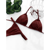 PU Pleated Ruched Bikinis Mini Micro Thong Bikini Women Swimwear Female Swimsuit Two-pieces Bikini Set Halter Bathing Suit Swim