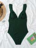2026 Ruffle Swimsuit One Piece Solid V-neck Backless Swimwear Women Bathing Swimming Swim Suit Female Padded Beach Wear Summer