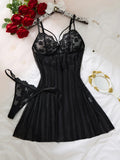 Black Daisy Floral Lace Sheer Mesh Babydoll Lingerie Set Slip Nightdress With Matching Thong Women Sexy Sleepwear ZA825096