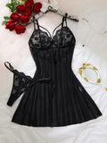 Black Daisy Floral Lace Sheer Mesh Babydoll Lingerie Set Slip Nightdress With Matching Thong Women Sexy Sleepwear ZA825096