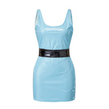 Women's Summer Solid Color PU Leather Slim Fit Dress Fashionable Sleeveless Round Neck Belted Tight Fitting Mini Dresses