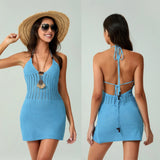 Women Backless Halter Mini Dress Casual Summer Knit Crochet Cutout Bodycon Party Dress for Beach Club Streetwear
