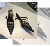 BIGTREE Crystal Mesh Fabric Pointed Toe Slippers Women Sexy Elegant Buckle Strap Party Prom Thin Low Heels Mule Shoes