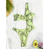 S - XL Asymmetric Printed Cut Out One Piece Swimsuit Women Swimwear Female One Shoulder Padded Bather Bathing Suit Swim K7318