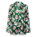Womens Satin Christmas Pajamas Sets Print Button Up Long Sleeve Lapel V Neck Tops and Shorts Lounge Wear 2 Pieces Suits