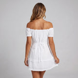 Women Summer White Dress Trim Off Shoulder Short Sleeve Button-up A-line Mini Dresses for Daily Office Party