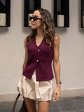 Foridol Gold Button Knitted Tank Top Women Autumn Winter Burgundy Short Vest Sleeveless V Neck Chic New Fashion Tops