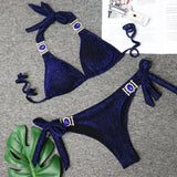 4 Colors Sexy Bikini Women Solid Shining Swimwear Swimsuit Crystal Diamond Female Bandage Halter Beach Bikinis Set Bathing Suit