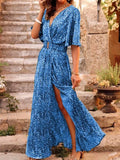 Spring Summer Printed Dress Short Sleeved Deep V-neck Slimming Waist Long Dresses Temperament Slit Dresses Vestidos Para Mujer