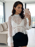 Womens Summer Sheer Shirts Flare Long Sleeve Mock Neck Lace Floral Tops Fashion Ruffled Peplum Hem Cropped T-shirts