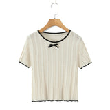Fashion Casual Knitted Shirt With Black Trim Bow Knit T Shirt Short Sleeve Hollow Out Crew Neck Top For Women Daily Outfit EMZE