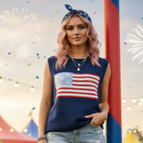 Women's 4th of July Knitted Vest Spring Summer Sleeveless Round Neck Flag Print Casual Party Tank Tops