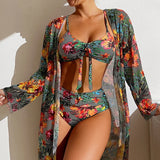 Sexy High Waisted Bikini 3 Pieces Floral Printed Swimsuit Size 3XL-S Women Bikini Set With Mesh Long-Sleeved Blouse Super Sales
