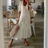 Foridol Casual Hollow Out V Neck White Lace Maxi Dress Vintage A-line Loose Embrioderied Floral Print Bohemian Long Sundress