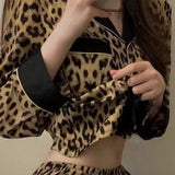 Pajamas for Women Spring Autumn Korean Cardigan Long Sleeved Sexy Leopard Print Home Clothing Set Milk Silk Pajamas for Women