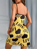 Women Summer Camisole Nightgown Backless Heart LOVE Print Soft Breathable Sleepwear Ruffle Hem Round Neck Night Dress