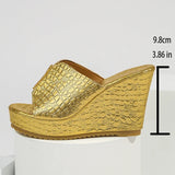 Fashion Wedge Heeled Gold Sandals Women 2026 Summer Peep Toe Chunky Platform Slippers Woman Plus Size 43 High Heel Party Sandles