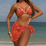 With Sarong Printed Halter Bikini Women Swimwear Female Swimsuit Three-pieces Bikini set Padded Bather Bathing Suit Swim V6966
