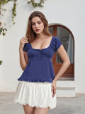 Summer Women Short Sleeve T-shirt Solid Color Low-necked Pleated Hem Casual Tops Y2K Retro Shirts