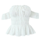 Spring New Style Elegant Ruffled One-shoulder Casual Top Shirt Womens White Off Shoulder Ruffle Waist Short Sleeve Casual OERV