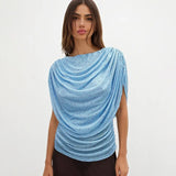 FDYOUI Women's Summer Polka Dot Print Shawl Tops High Street Ladies Fashion Sexy Folds Slim T-shirt Holiday Party Tee Shirts