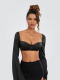Women Long Sleeve Crop Tops Mesh Lace Trim Sweetheart Neckline Tie-Up Backless T-Shirts Spring Fall Slim Fit Shirts Streetwear