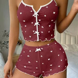 1 Set Sleepwear Women Pajamas Set Heart Print Soft Ribbed Fabric with Flirty Frill Trim Casual Top and Short Set Loungewear