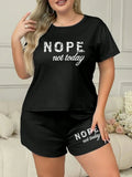 Plus Size 3XL 4XL 5XL Casual Loungewear Letters Print Pajamas Set Women's Short Sleeve Tee And Elastic Shorts Homewear