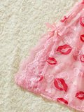 Lips Prints Pink Lace Sexy Lingerie Women See Through Babydoll Dress Slim Soft V Neck Side Opening Sleepwear Festival Gift