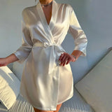 Solid Satin Night Robe Long Sleeve V Neck Robe With Belt Women's Sleepwear