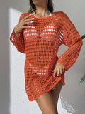 Womens Beach Cover Up Knit Solid Color Long Sleeve Dress Sexy Slim-Fit Beachwear Cover Up Beach Holiday Sun Protection Clothing