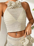 3D Flowers Halter Crochet Knitted 2 Pieces Suits Beach Cover Up Cover-ups Beach Shorts Beach Wear Beachwear Female Women K6598