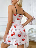 Valentine's Day Cherry Printed Slip Nightdress Women Sexy Sleepwear Straps Sleep Mini Dress Nighties Nightgown Loungewear
