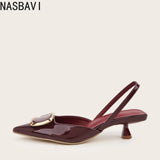 Large Size 35-43 Pointy Toe Burgundy Kitten Heels Slingback Women Summer Pumps Elegant Square Buckle Sandal OL Office Lady Shoes