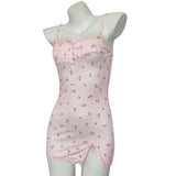 Women's Nightdress Cute Fitted Mini Nightgown Lace Trim Detail Spaghetti Straps Pink Cherry Print Dress Summer Sleepwear