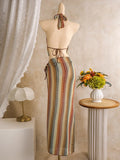 Sexy Coffee Striped Bikini Set 2026 Women Cover Up+Long Skirt 4 Piece Swimsuit Summer Bathing Suit Holiday Swimwear Biquini