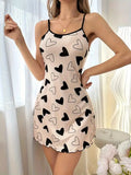 Heart Printed Casual Frill Trim Nightdress Sleepwear Women's Sexy Lingeire Round Neck Backless Slip Dress Comfortable Nightgown