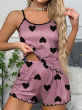 Women Heart Print Pajama Set Spaghetti Strap Cami Top and Shorts Soft Breathable Summer Sleepwear Casual Loungewear Set