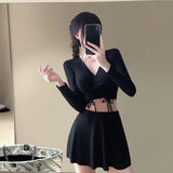 Split Swimsuit Women's Two-piece Solid Color Skirt Style Fairy Style Long Sleeved Sunscreen Sports Flat Pants Swimsuit