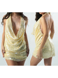 Women Summer Solid Color Sequin Halter Neck Party Club Dresses Slim Sparkly Sleeveless Open Back Short Bodycon Dress
