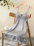 Women Satin Nightdress Lace Trim Slip Dress Spaghetti Strap Silky Nightgown Elegant Sleepwear Home Lingerie